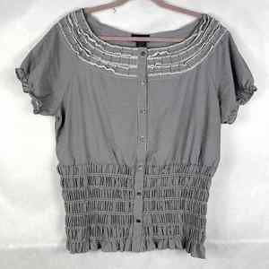 Retro Smocked Button Up Top Gray Womens Plus Size 3X Short Sleeve Ruffle Hem